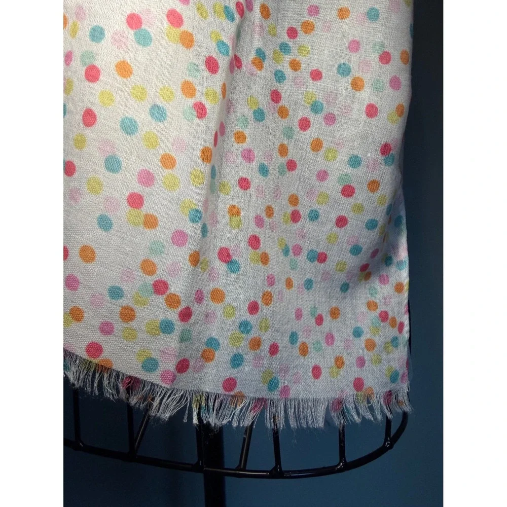 Avenue 9 Multicolor Polka Dot Scarf White Lightweight Fringed Wrap 67x25.5 NWT